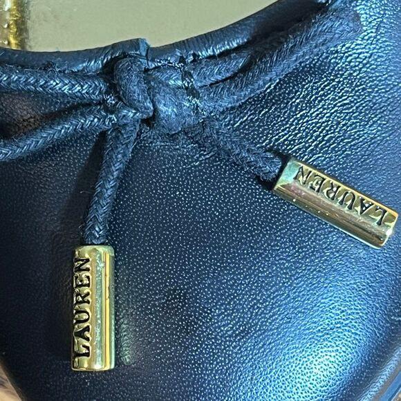Lauren Ralph Lauren Black Leather Ballet Flats With Gold Toggles & Bow - Picture 4 of 6